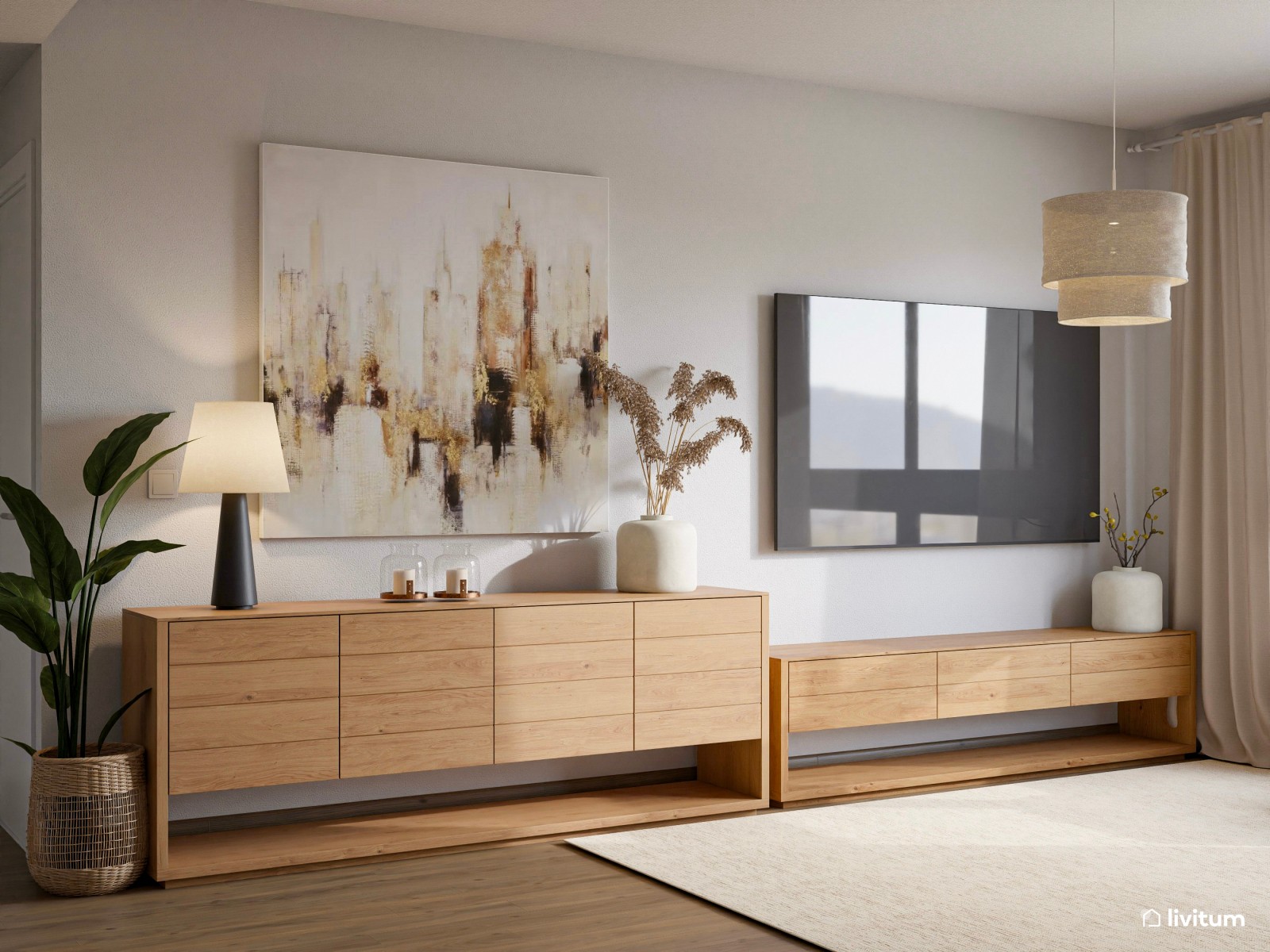 Pequeño salón comedor con cocina abierta de 21 m² en tonos tierra 