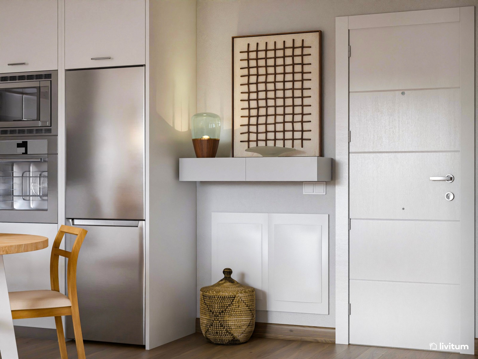 Pequeño salón comedor con cocina abierta de 21 m² en tonos tierra 