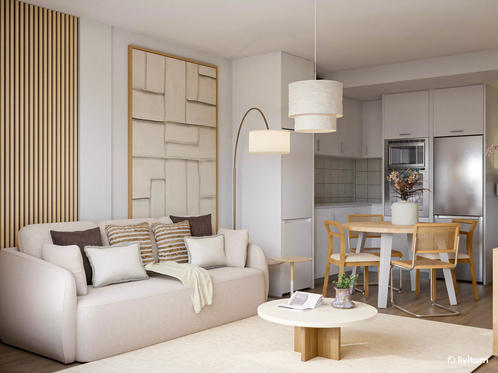 Pequeño salón comedor con cocina abierta de 21 m² en tonos tierra 