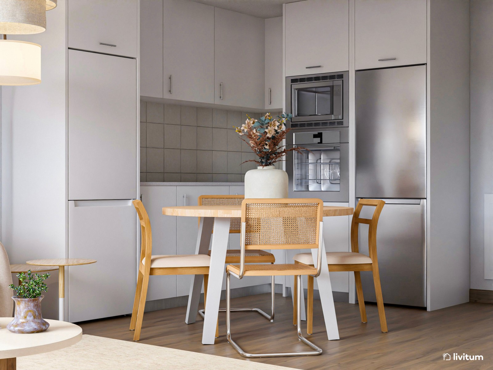 Pequeño salón comedor con cocina abierta de 21 m² en tonos tierra 