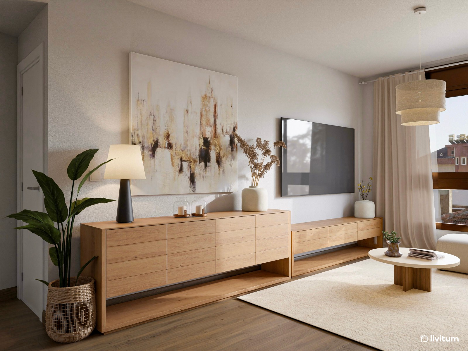 Pequeño salón comedor con cocina abierta de 21 m² en tonos tierra 