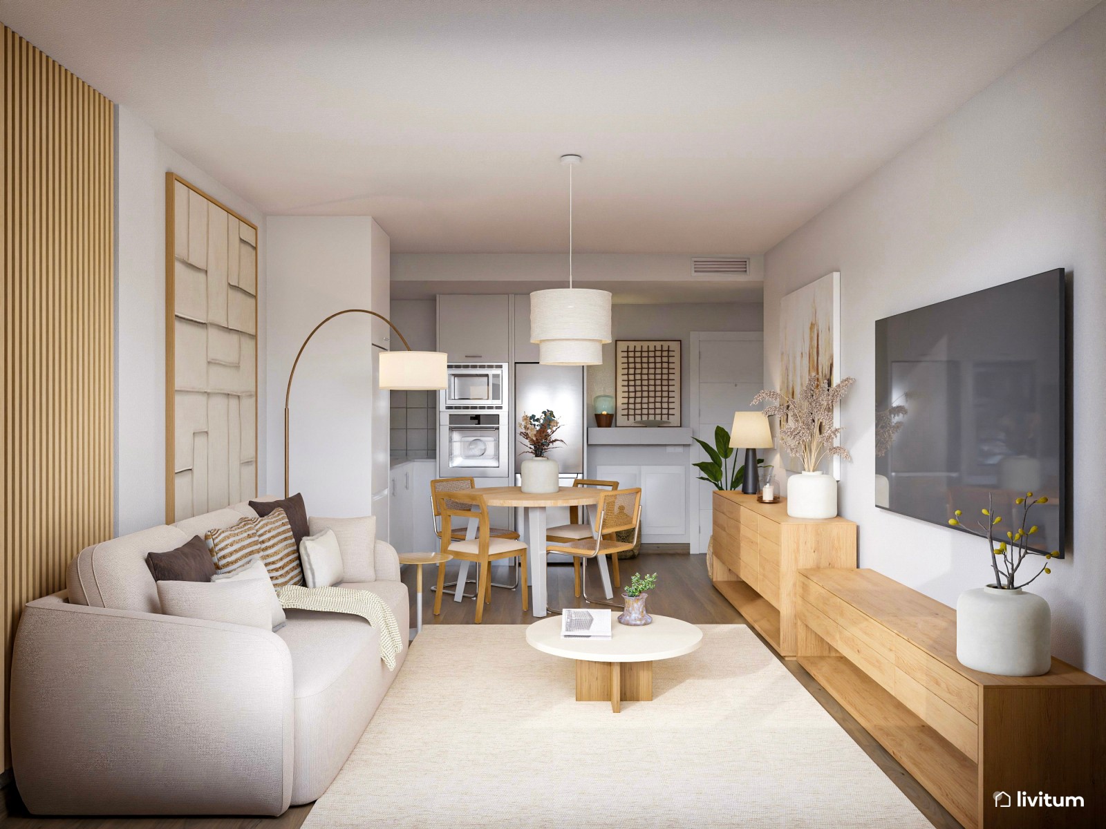 Pequeño salón comedor con cocina abierta de 21 m² en tonos tierra 