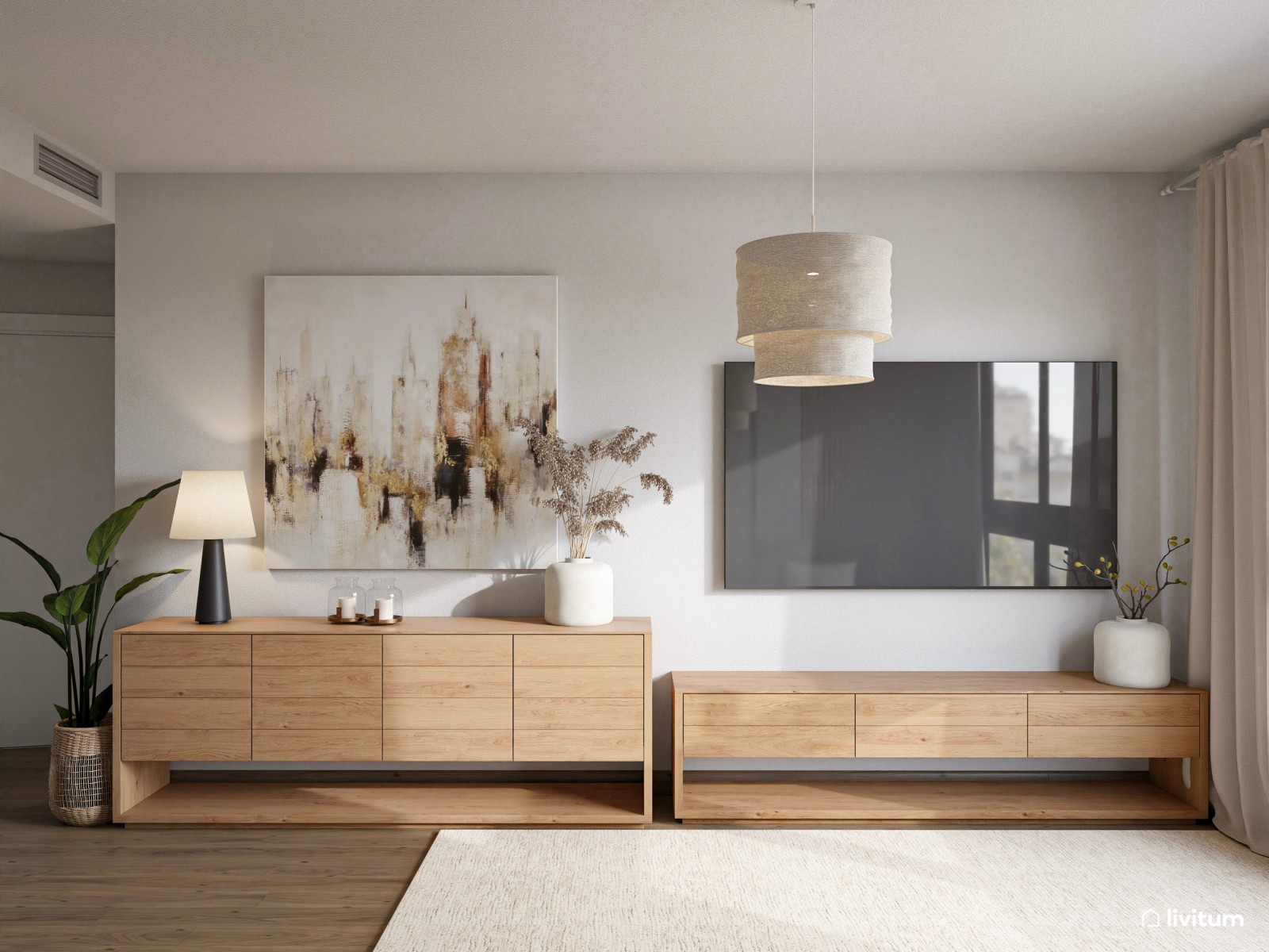 Pequeño salón comedor con cocina abierta de 21 m² en tonos tierra 