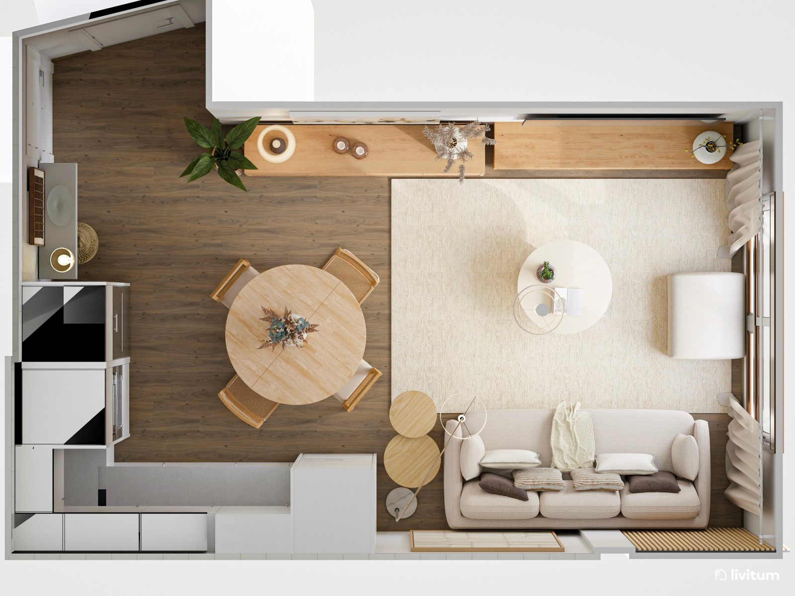 Pequeño salón comedor con cocina abierta de 21 m² en tonos tierra 