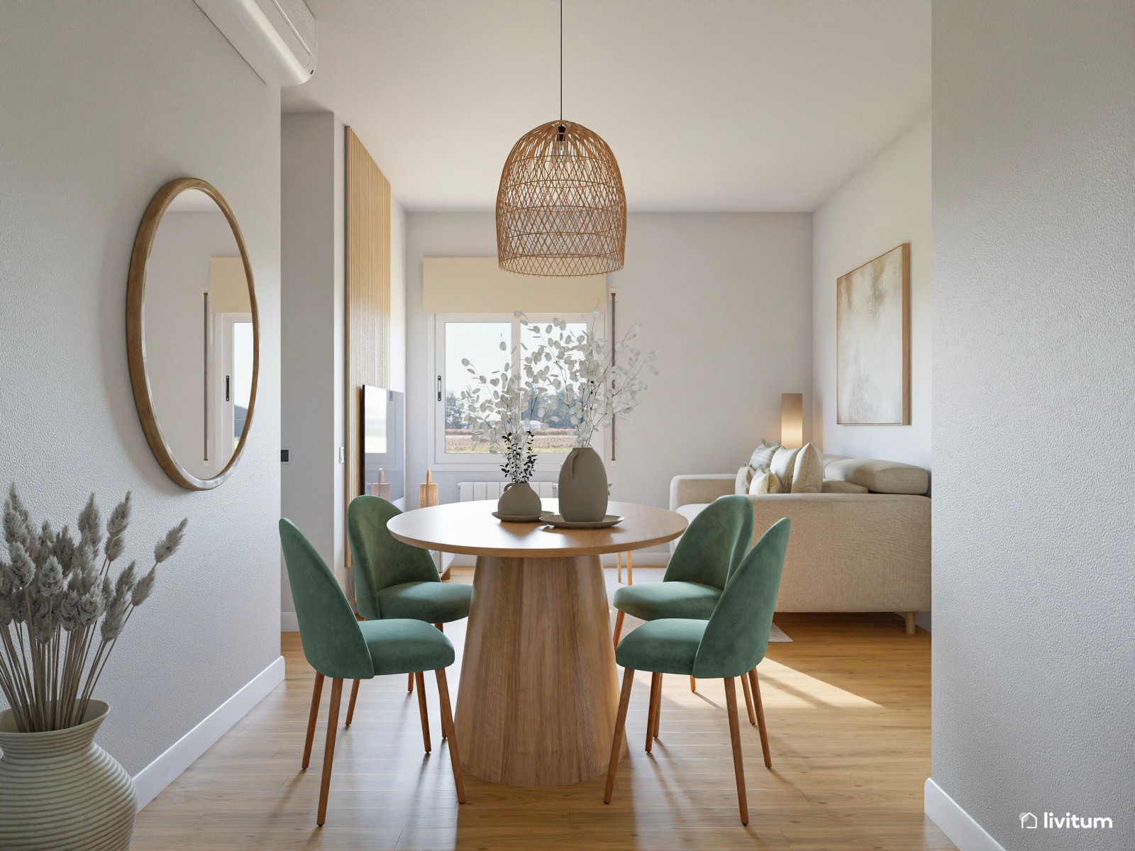 Pequeño salón comedor de 18 m² de estilo nórdico con detalles en verde