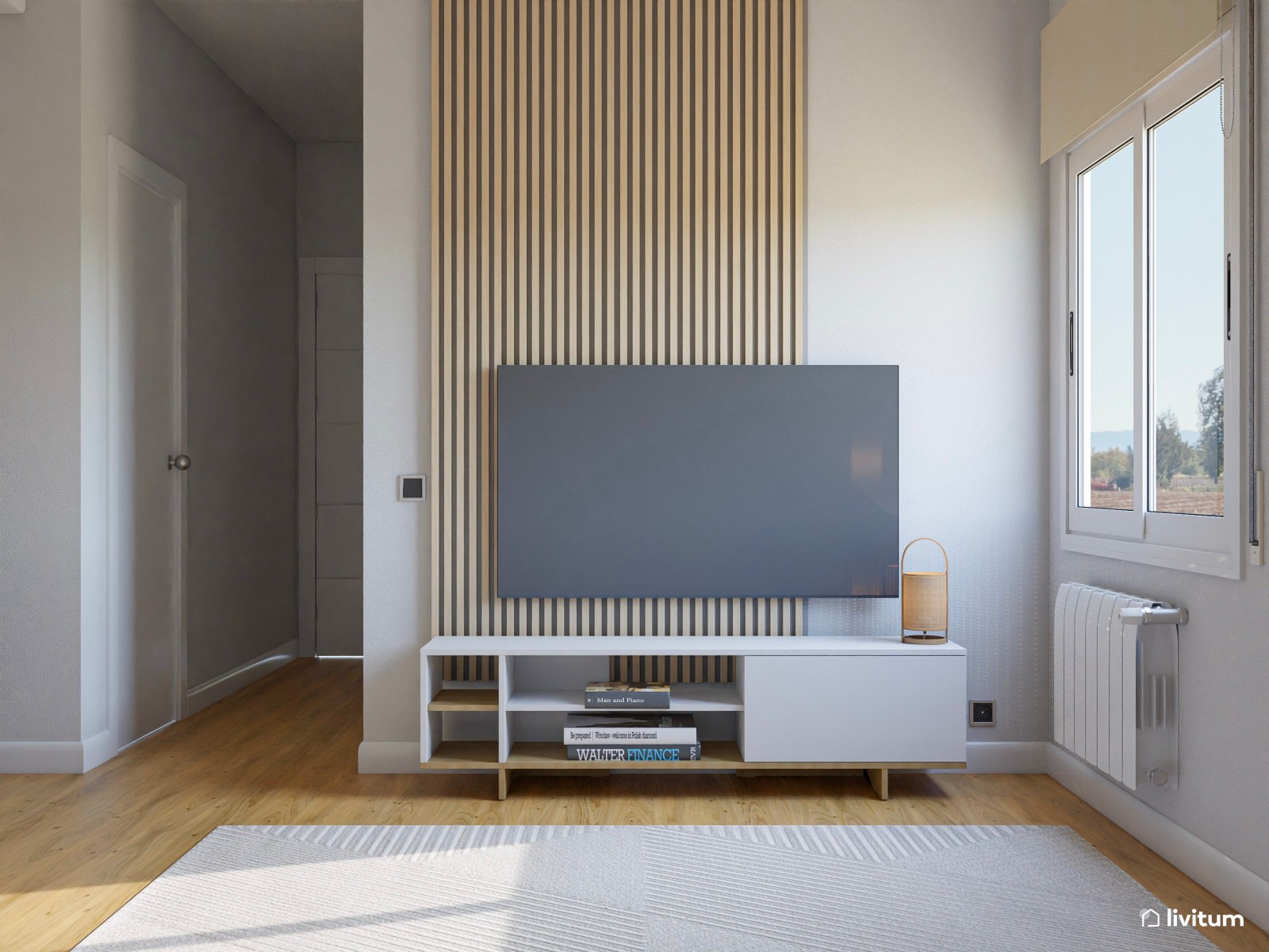 Pequeño salón comedor de 18 m² de estilo nórdico con detalles en verde