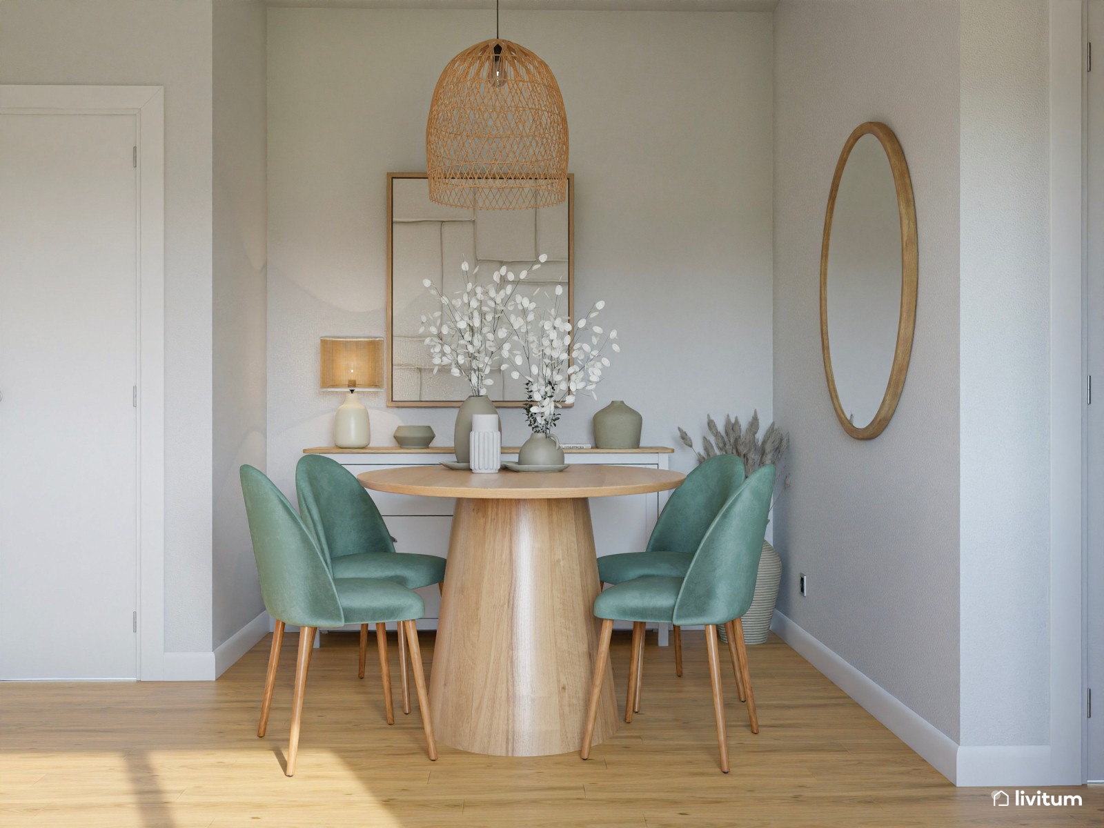 Pequeño salón comedor de 18 m² de estilo nórdico con detalles en verde