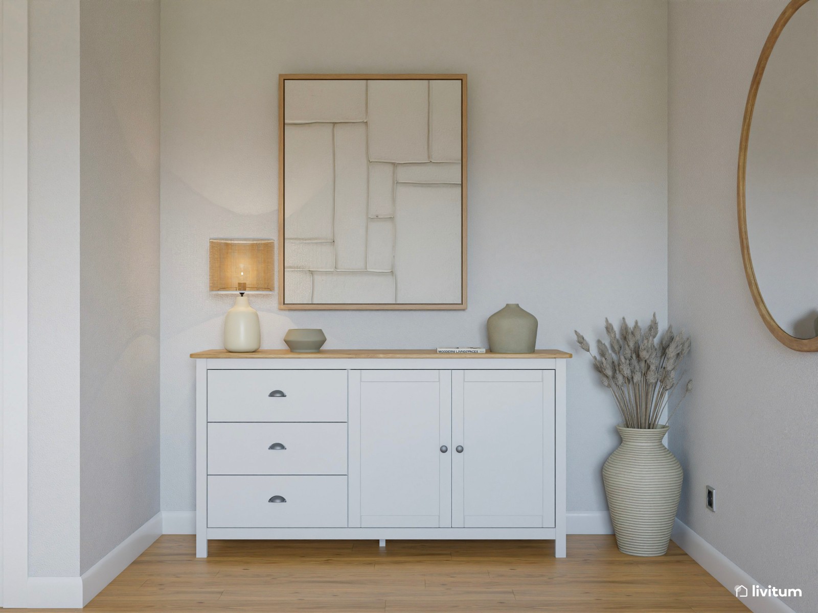 Pequeño salón comedor de 18 m² de estilo nórdico con detalles en verde