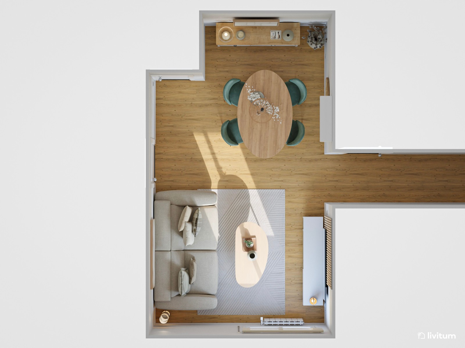 Pequeño salón comedor de 18 m² de estilo nórdico con detalles en verde