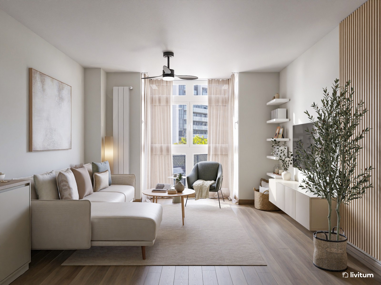 Pequeño salón comedor de 19 m² en tonos beige, visón y rosa empolvado