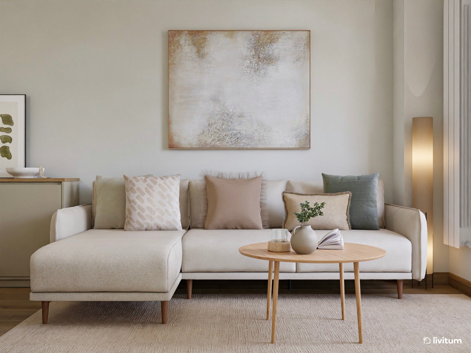 Pequeño salón comedor de 19 m² en tonos beige, visón y rosa empolvado