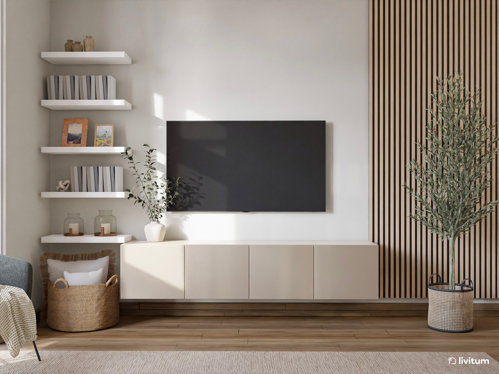 Pequeño salón comedor de 19 m² en tonos beige, visón y rosa empolvado