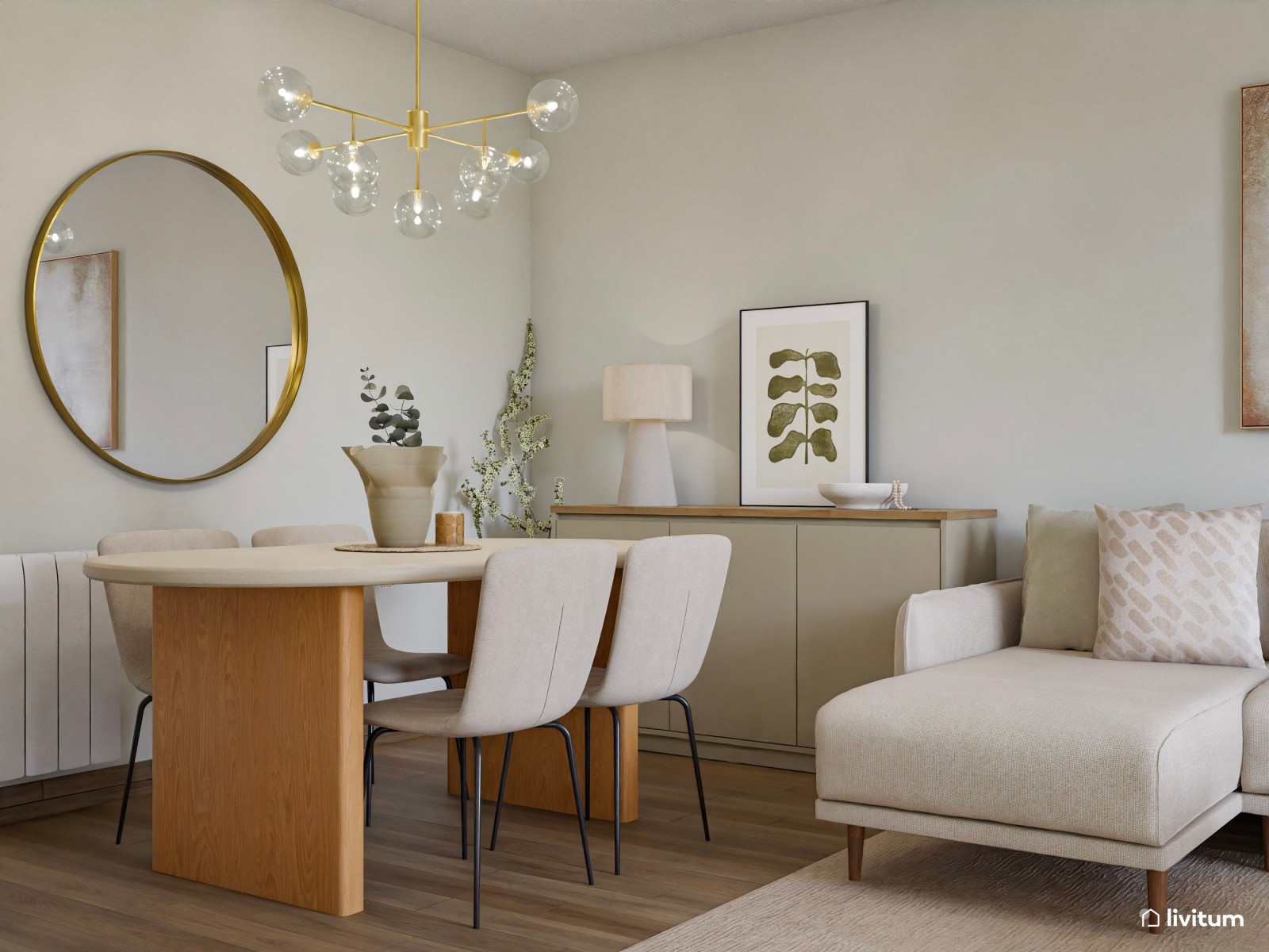 Pequeño salón comedor de 19 m² en tonos beige, visón y rosa empolvado