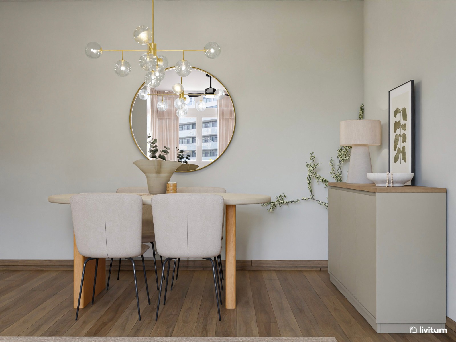 Pequeño salón comedor de 19 m² en tonos beige, visón y rosa empolvado