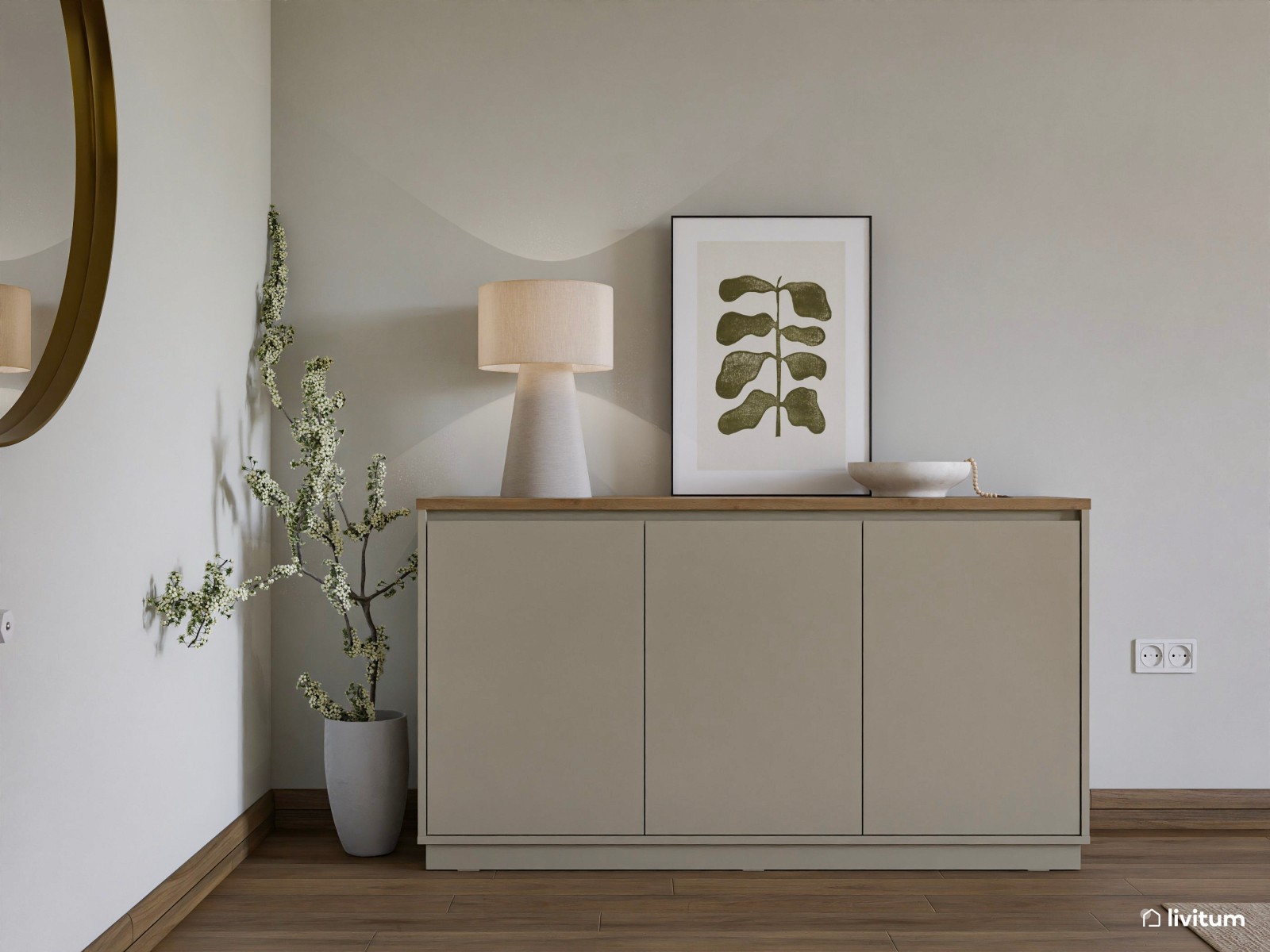 Pequeño salón comedor de 19 m² en tonos beige, visón y rosa empolvado