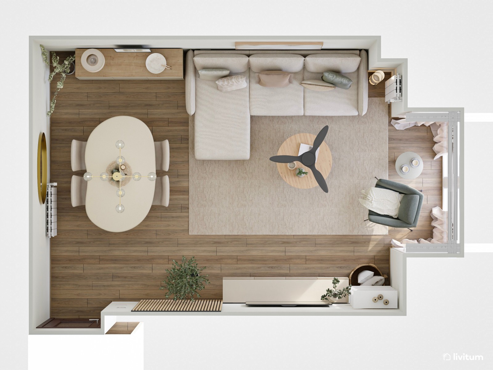 Pequeño salón comedor de 19 m² en tonos beige, visón y rosa empolvado