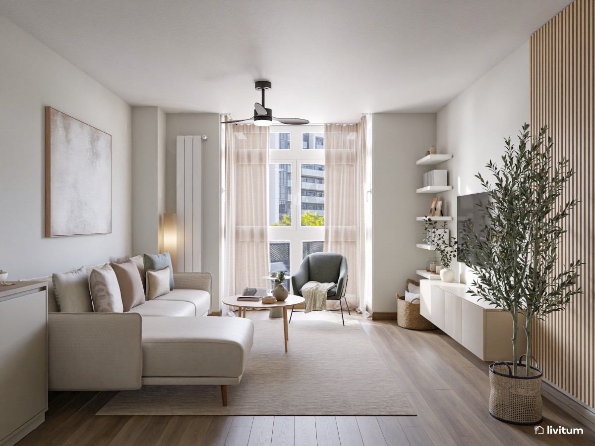 Pequeño salón comedor de 19 m² en tonos beige, visón y rosa empolvado