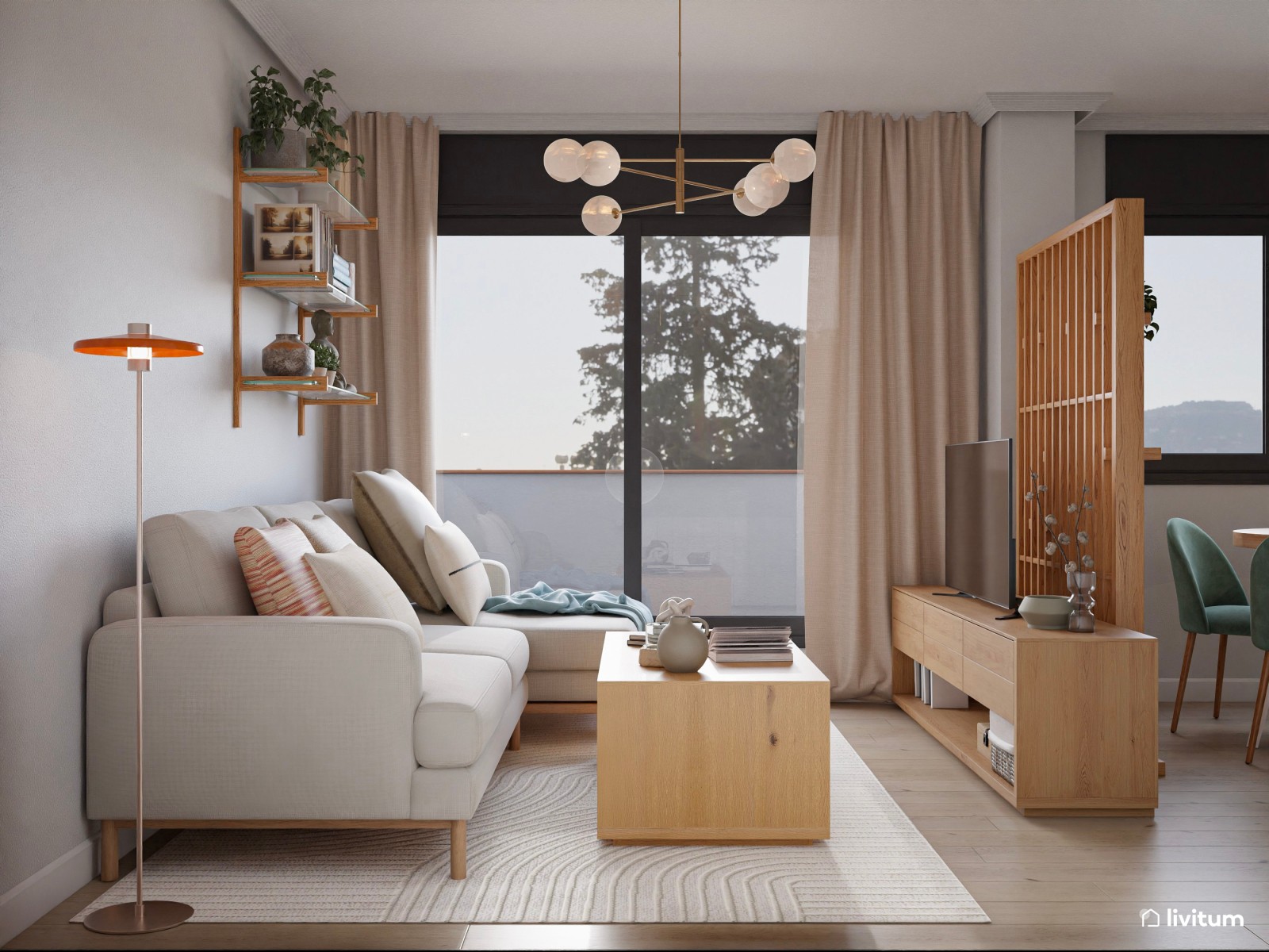 Pequeño salón comedor separado por una estantería de madera