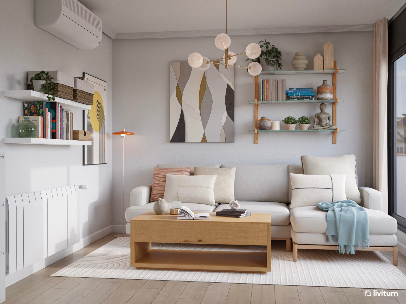 Pequeño salón comedor separado por una estantería de madera