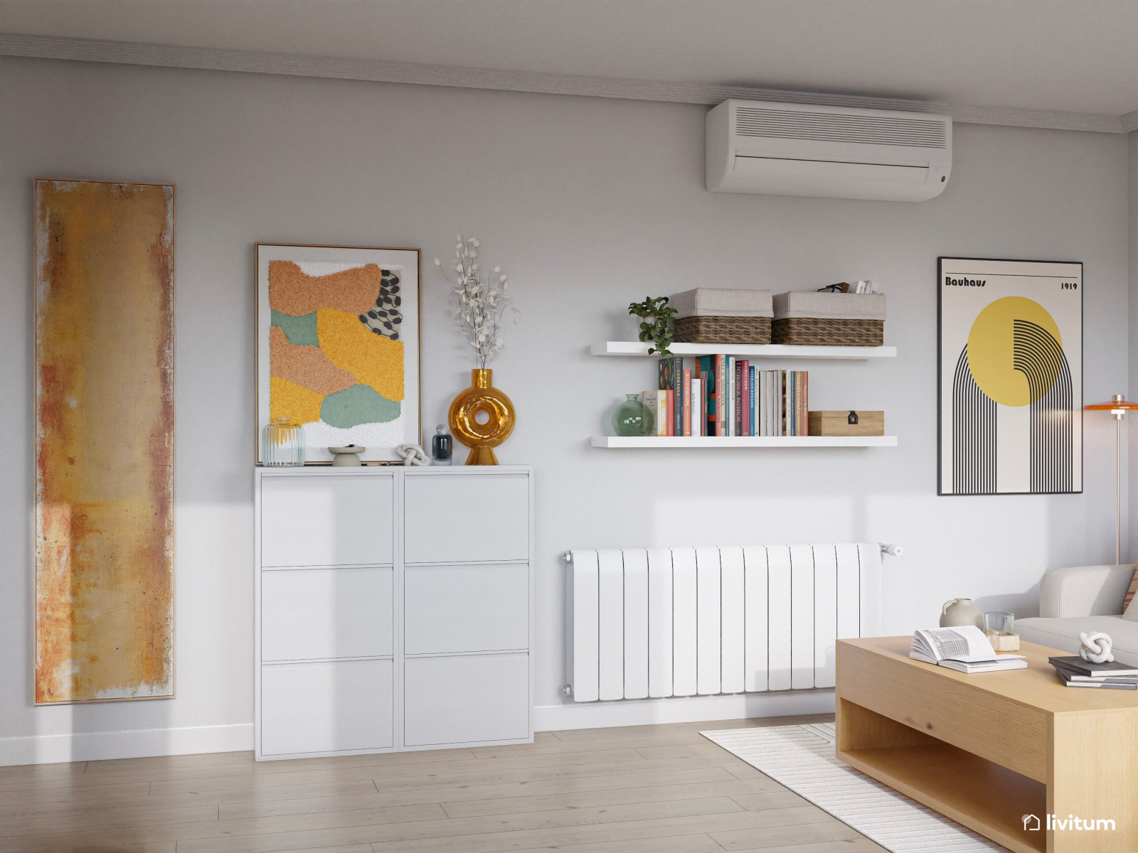 Pequeño salón comedor separado por una estantería de madera