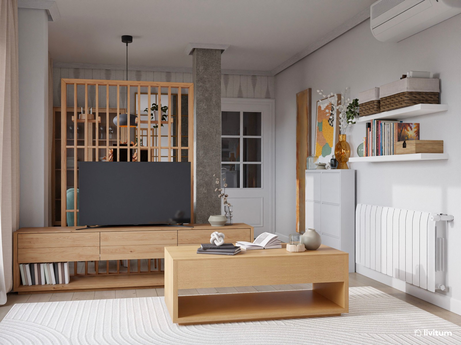 Pequeño salón comedor separado por una estantería de madera