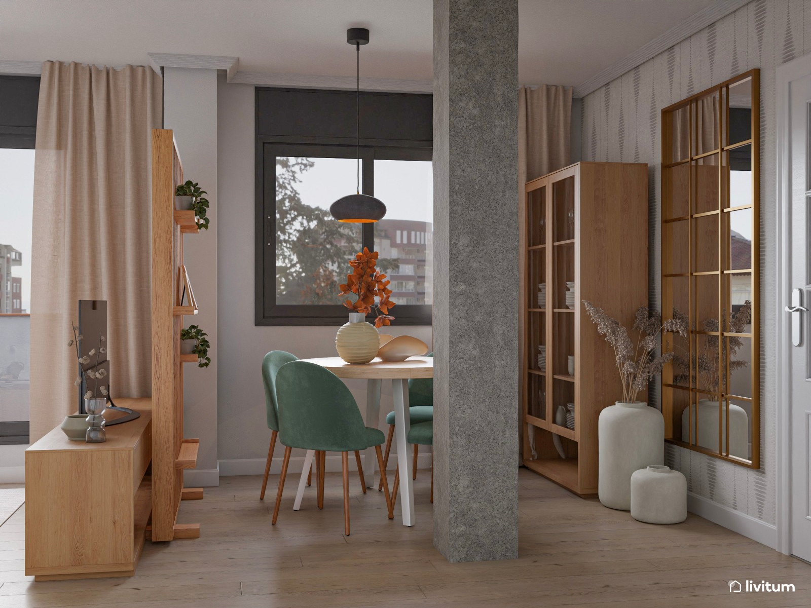 Pequeño salón comedor separado por una estantería de madera