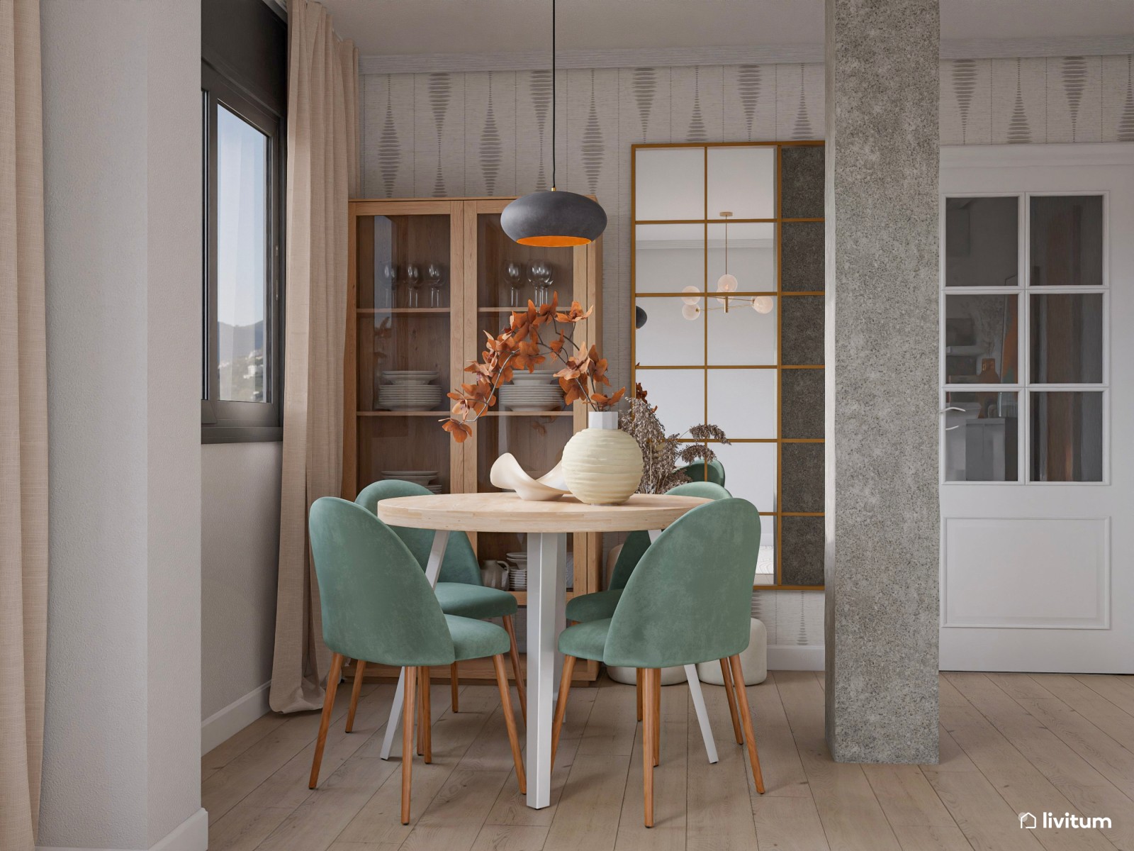 Pequeño salón comedor separado por una estantería de madera