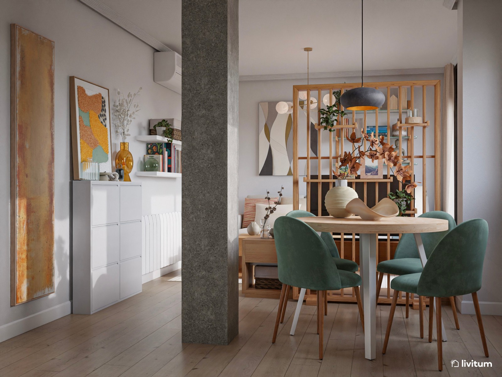 Pequeño salón comedor separado por una estantería de madera