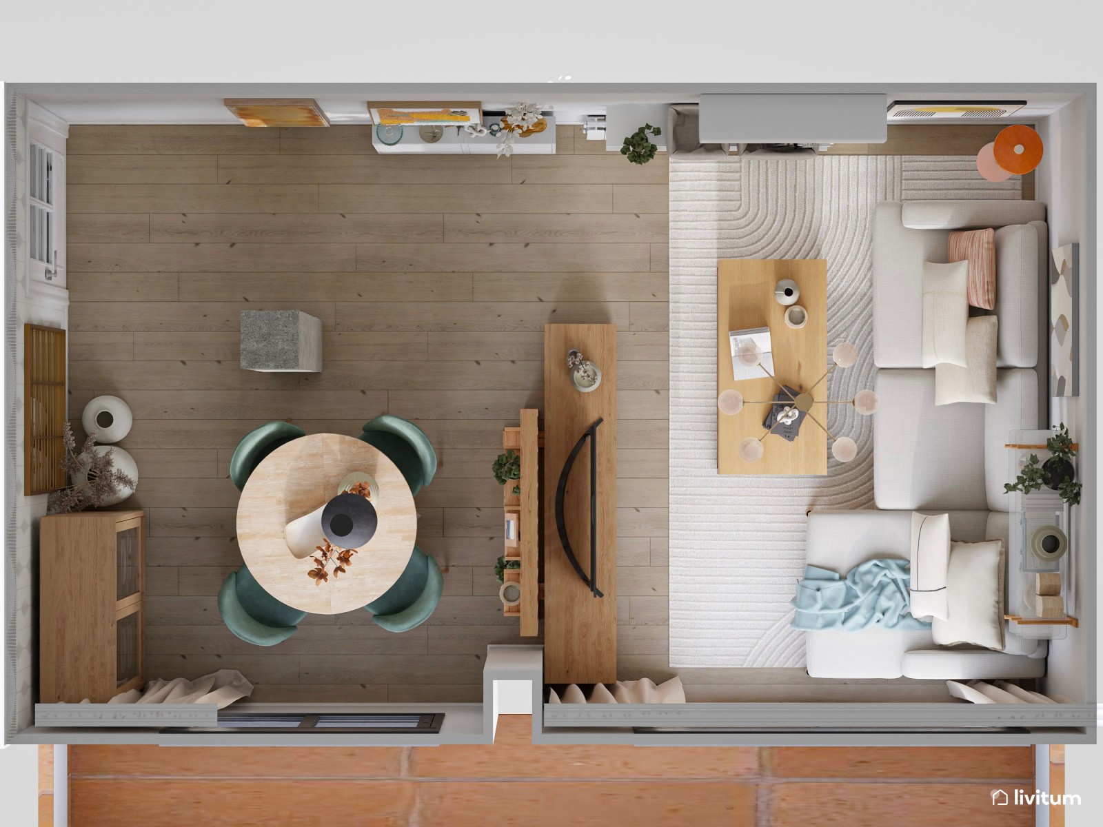 Pequeño salón comedor separado por una estantería de madera