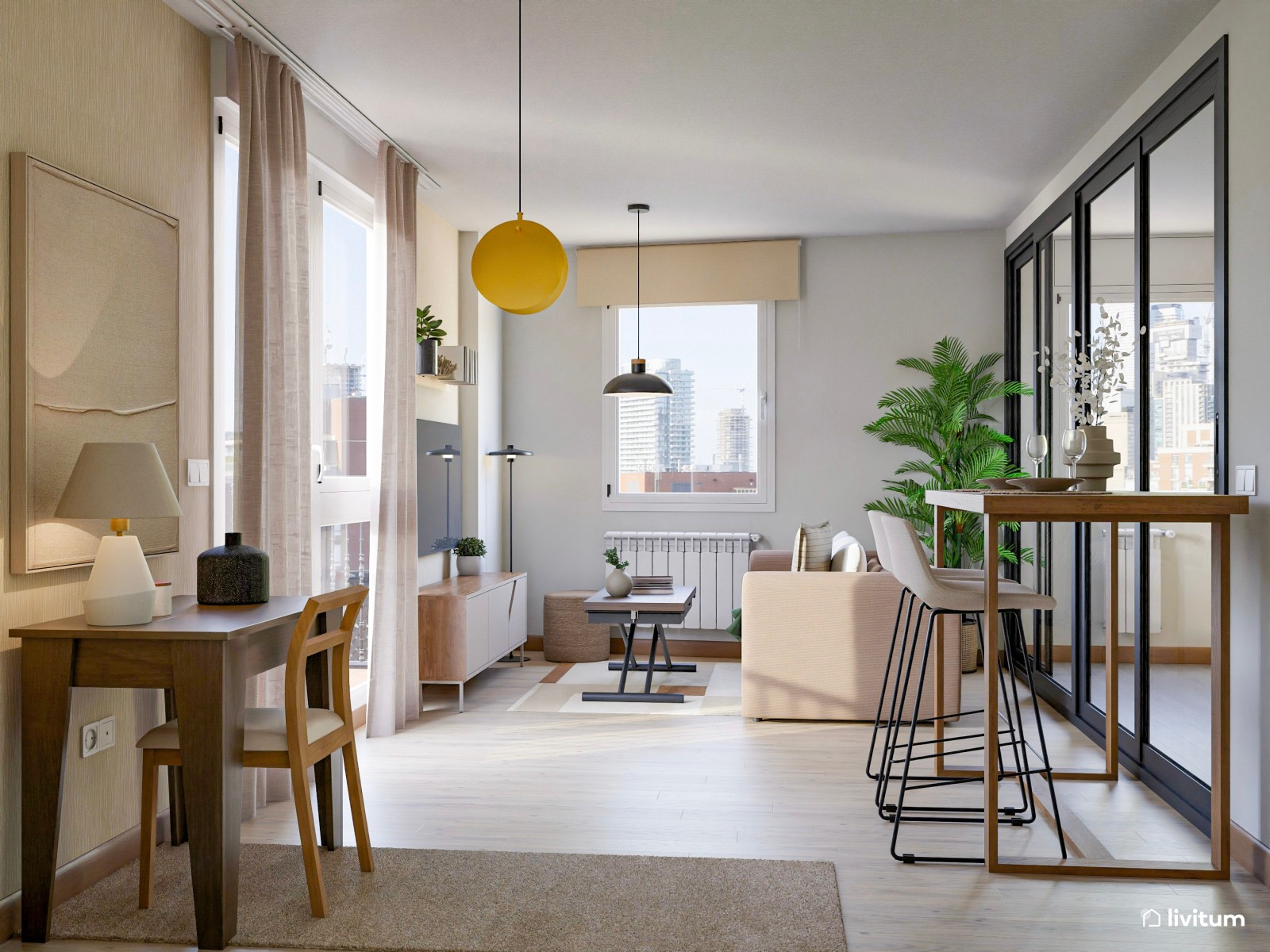 Pequeño salón de 18 m² con mesa de comedor elevada y escritorio de estilo industrial
