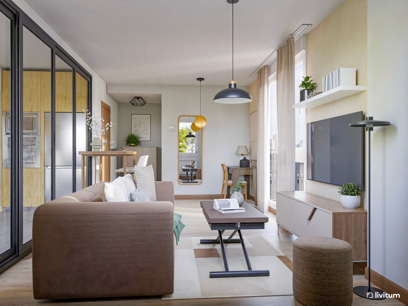 Pequeño salón de 18 m² con mesa de comedor elevada y escritorio de estilo industrial