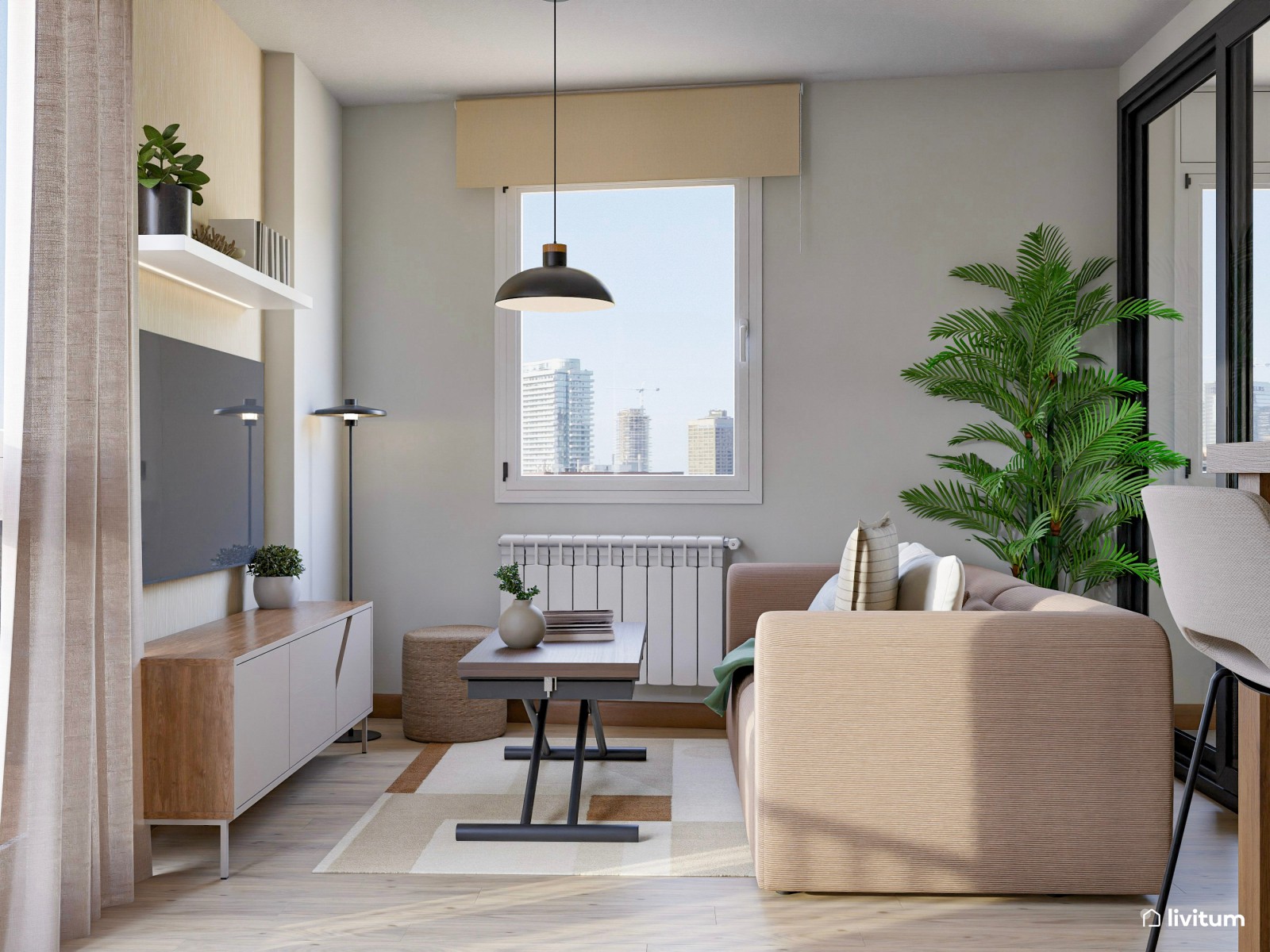 Pequeño salón de 18 m² con mesa de comedor elevada y escritorio de estilo industrial