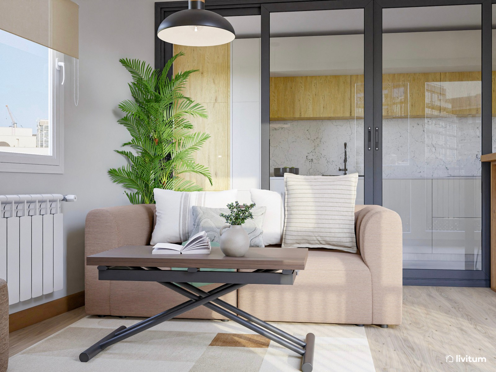 Pequeño salón de 18 m² con mesa de comedor elevada y escritorio de estilo industrial