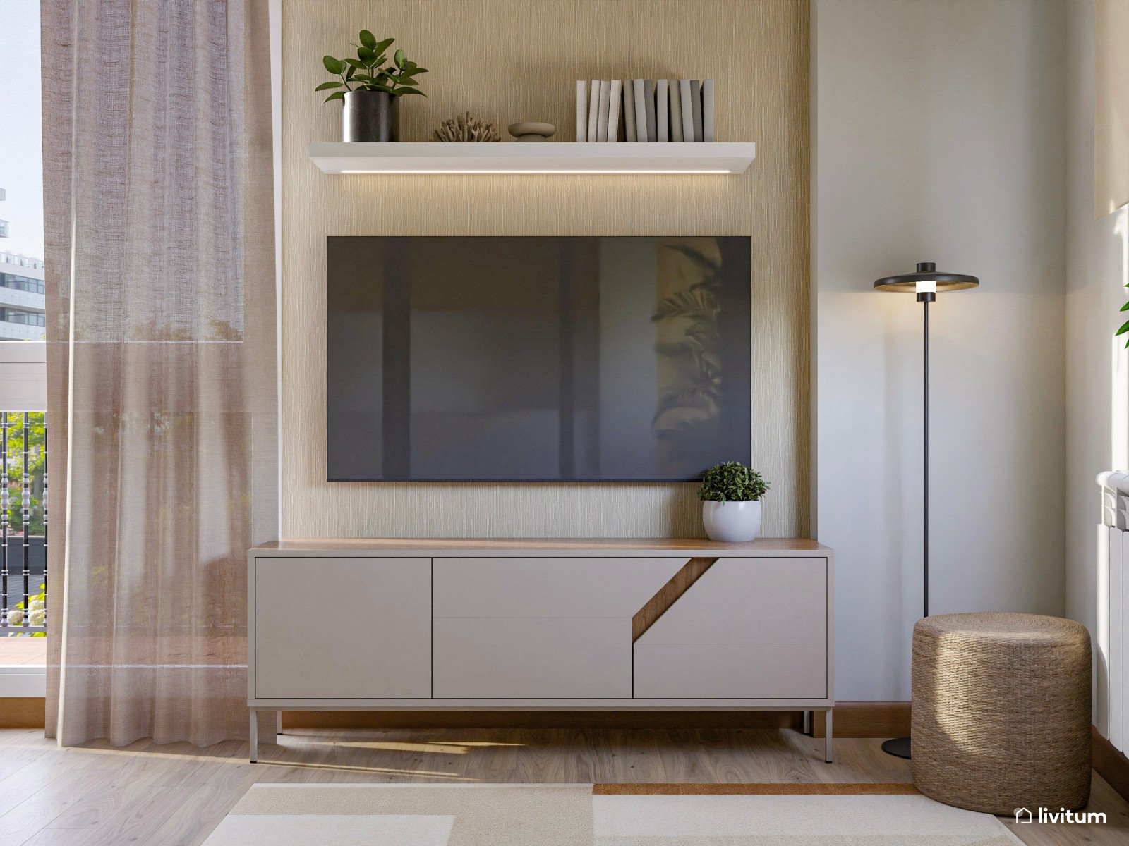 Pequeño salón de 18 m² con mesa de comedor elevada y escritorio de estilo industrial