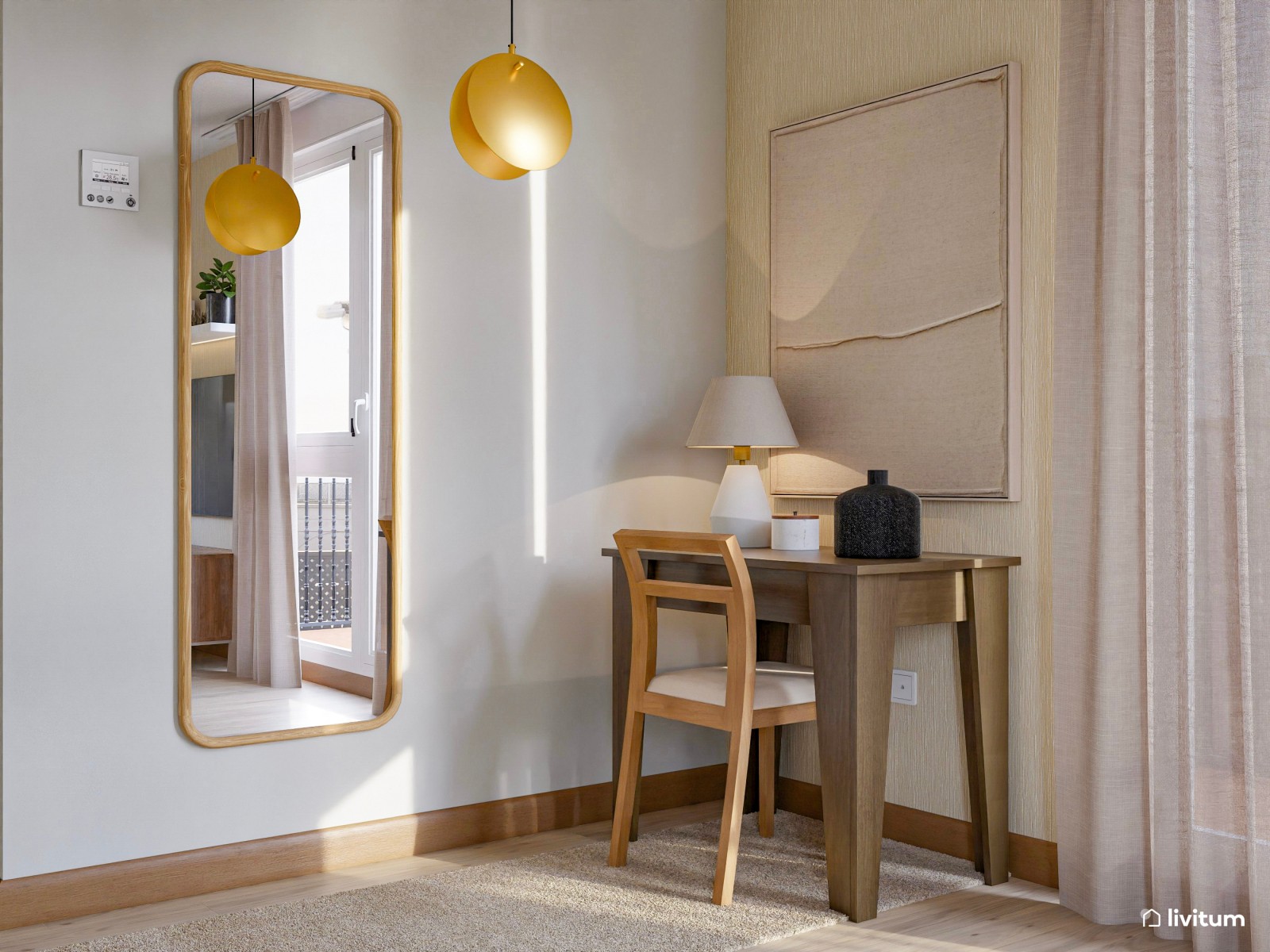 Pequeño salón de 18 m² con mesa de comedor elevada y escritorio de estilo industrial