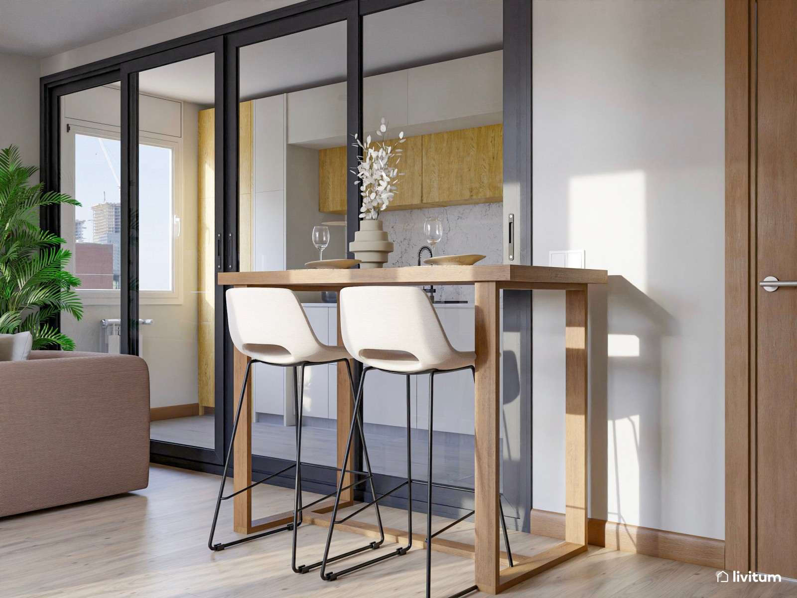 Pequeño salón de 18 m² con mesa de comedor elevada y escritorio de estilo industrial