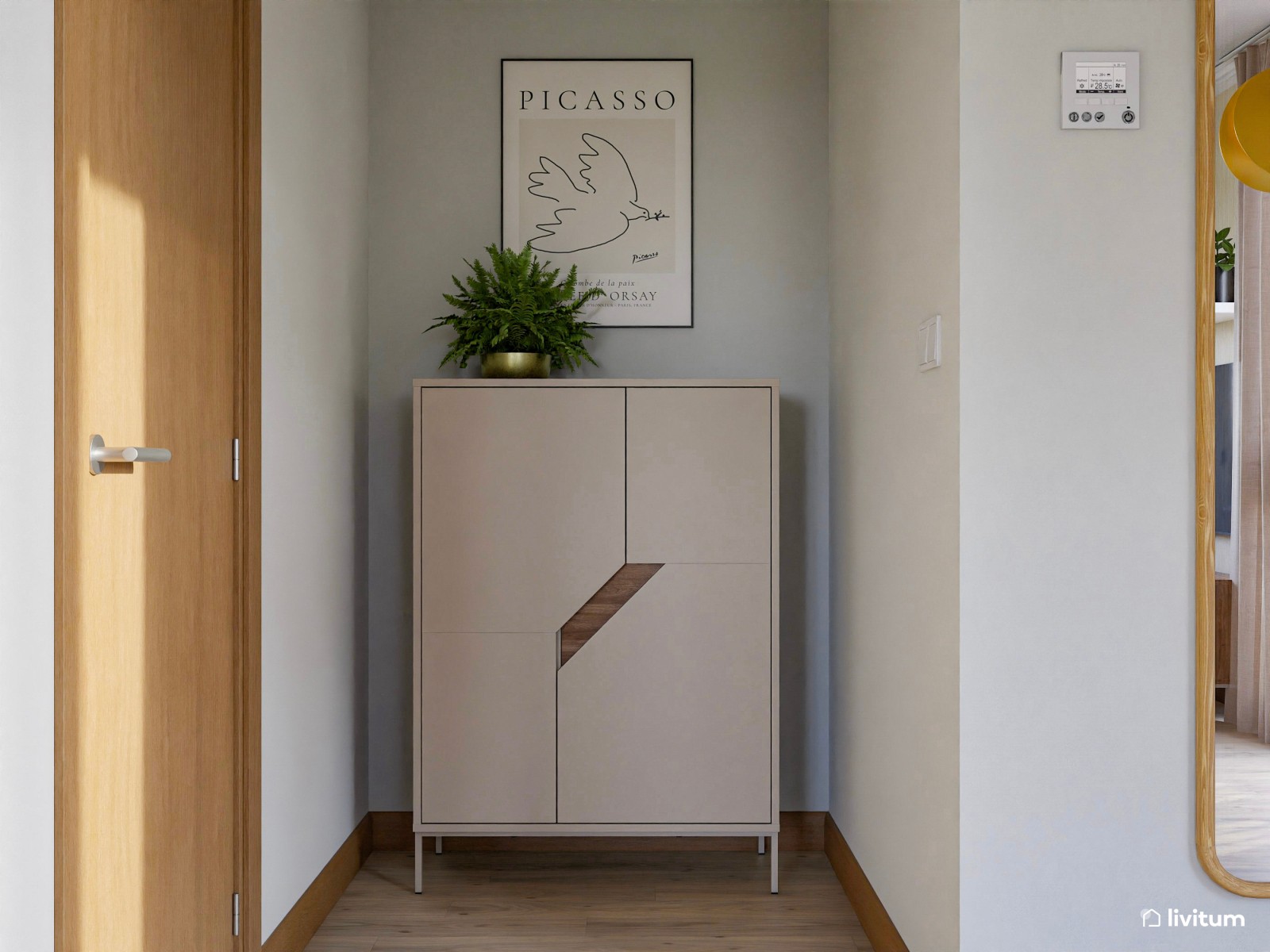 Pequeño salón de 18 m² con mesa de comedor elevada y escritorio de estilo industrial