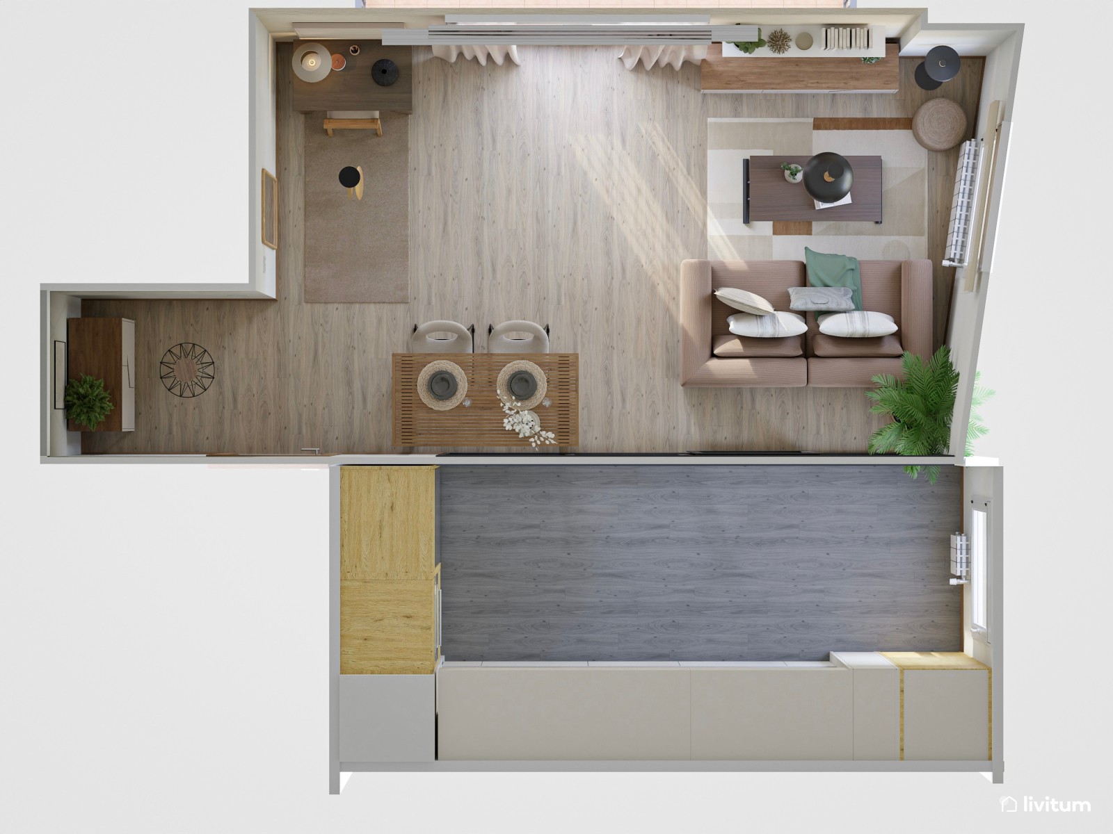 Pequeño salón de 18 m² con mesa de comedor elevada y escritorio de estilo industrial