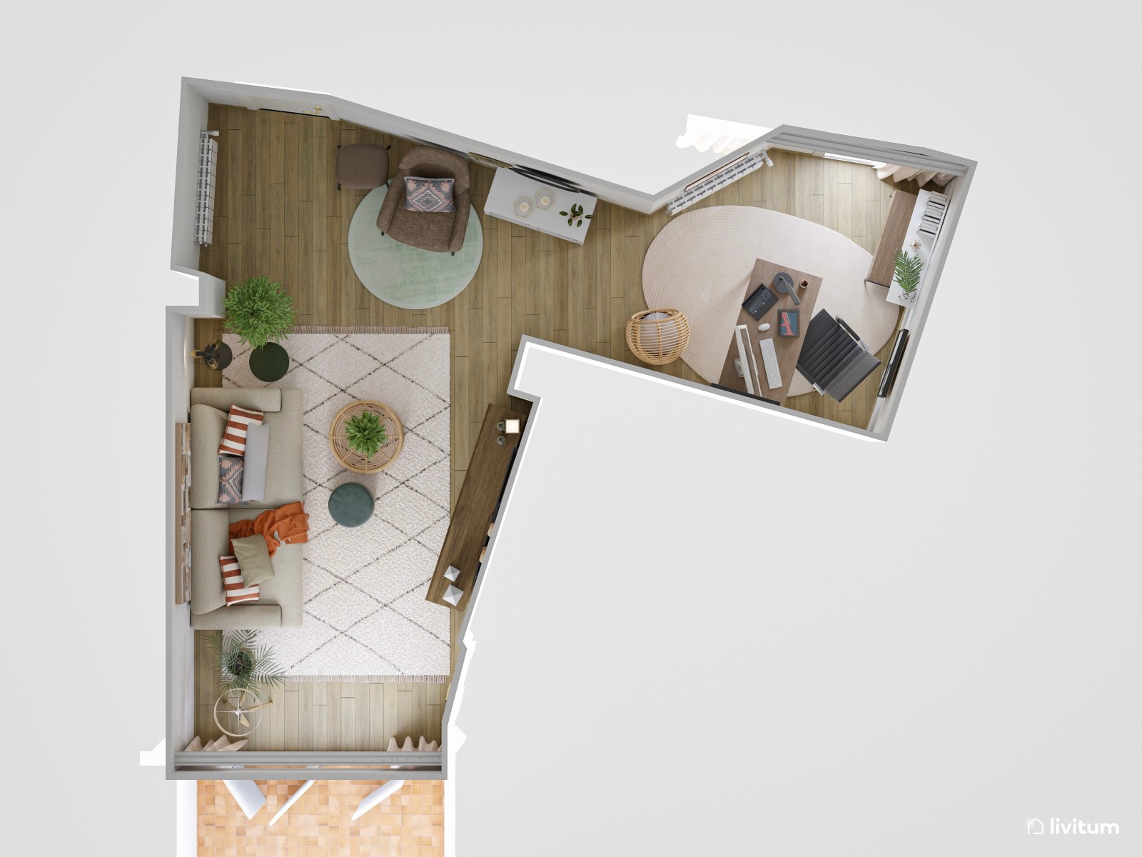 Pequeño salón moderno de planta irregular 