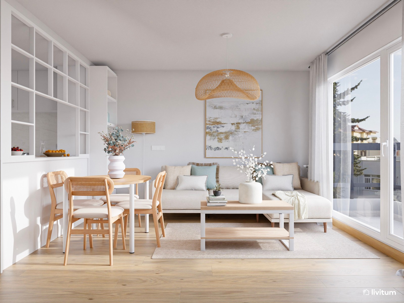 Pequeño salón nórdico rústico diseñado en blanco y madera