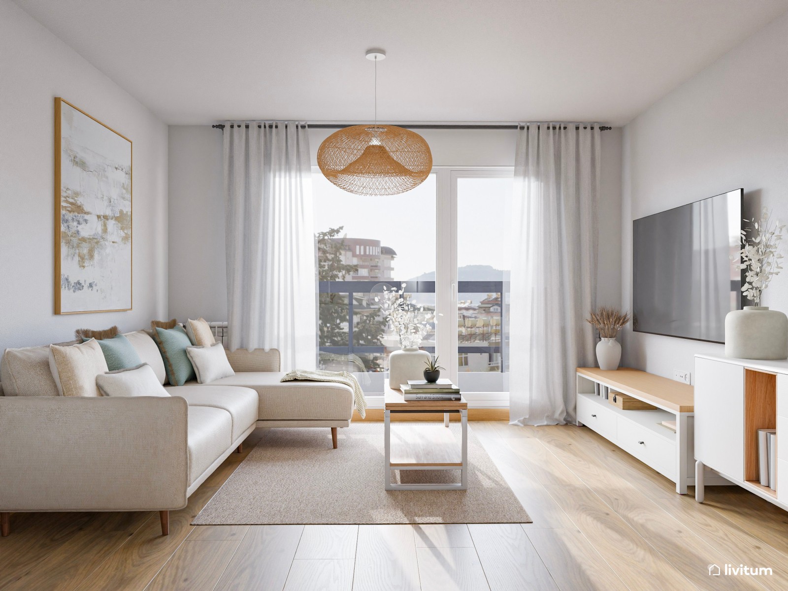 Pequeño salón nórdico rústico diseñado en blanco y madera