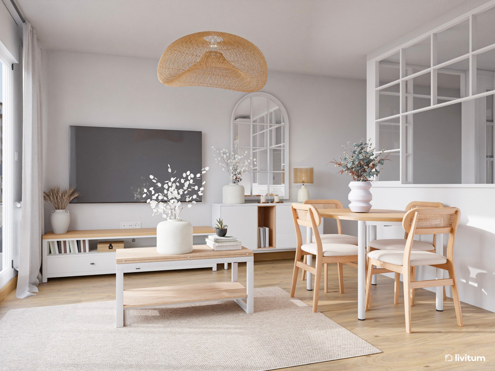 Pequeño salón nórdico rústico diseñado en blanco y madera