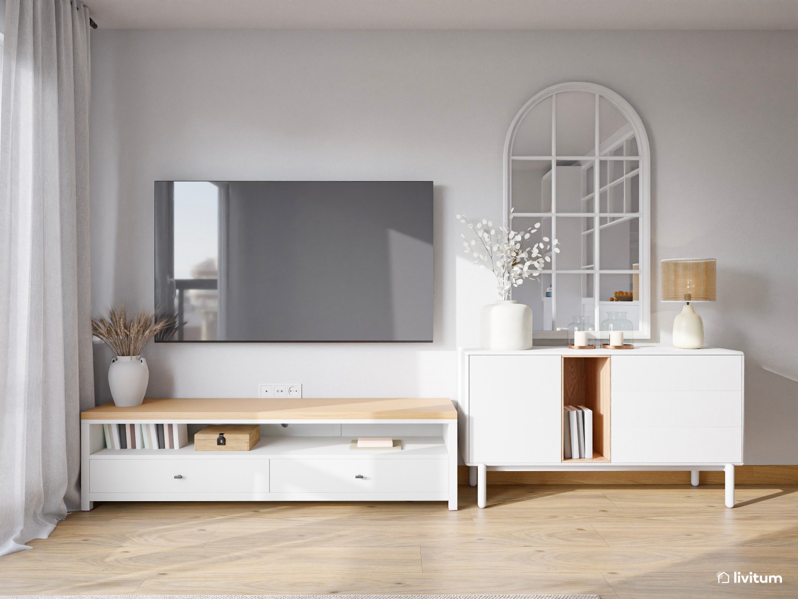 Pequeño salón nórdico rústico diseñado en blanco y madera
