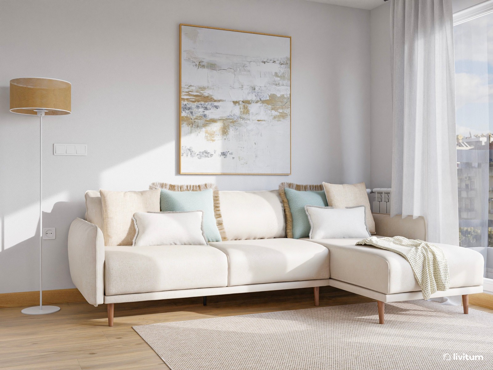 Pequeño salón nórdico rústico diseñado en blanco y madera