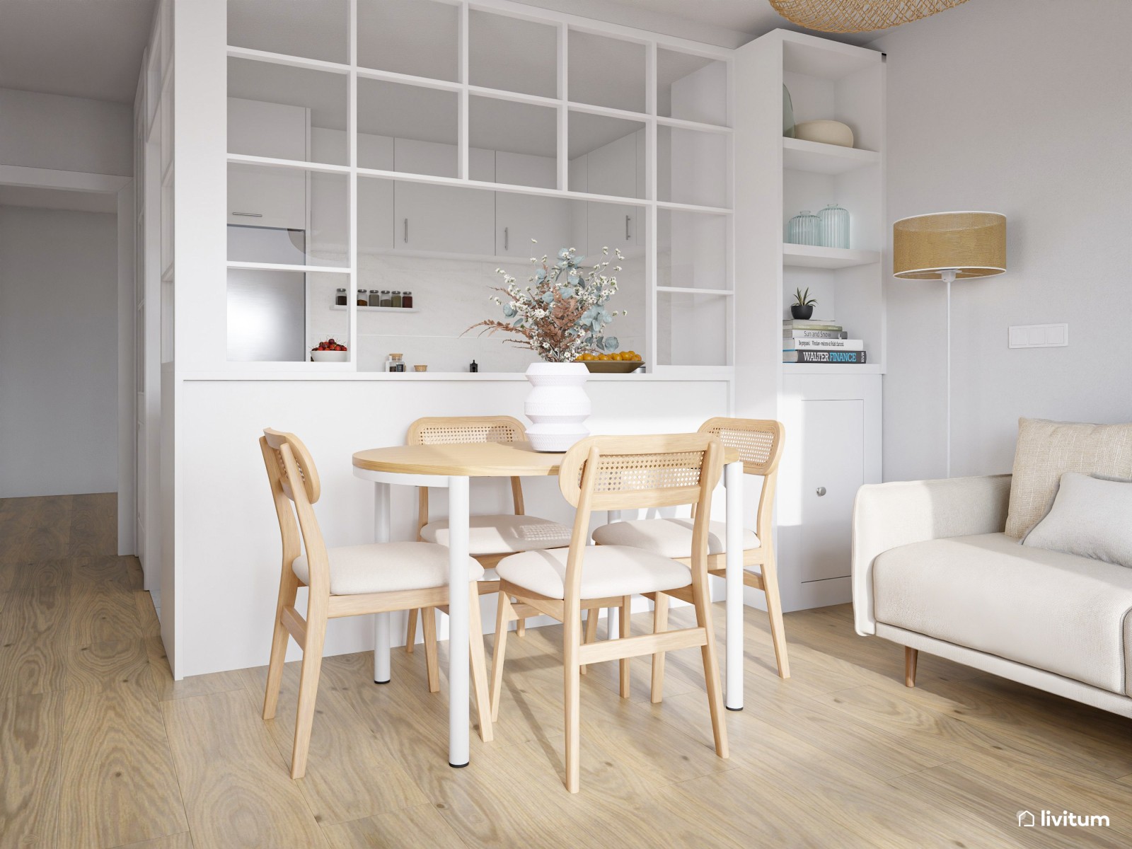 Pequeño salón nórdico rústico diseñado en blanco y madera