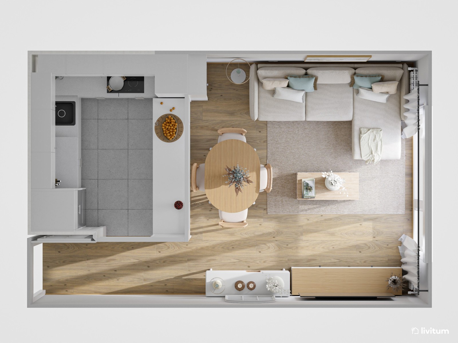 Pequeño salón nórdico rústico diseñado en blanco y madera