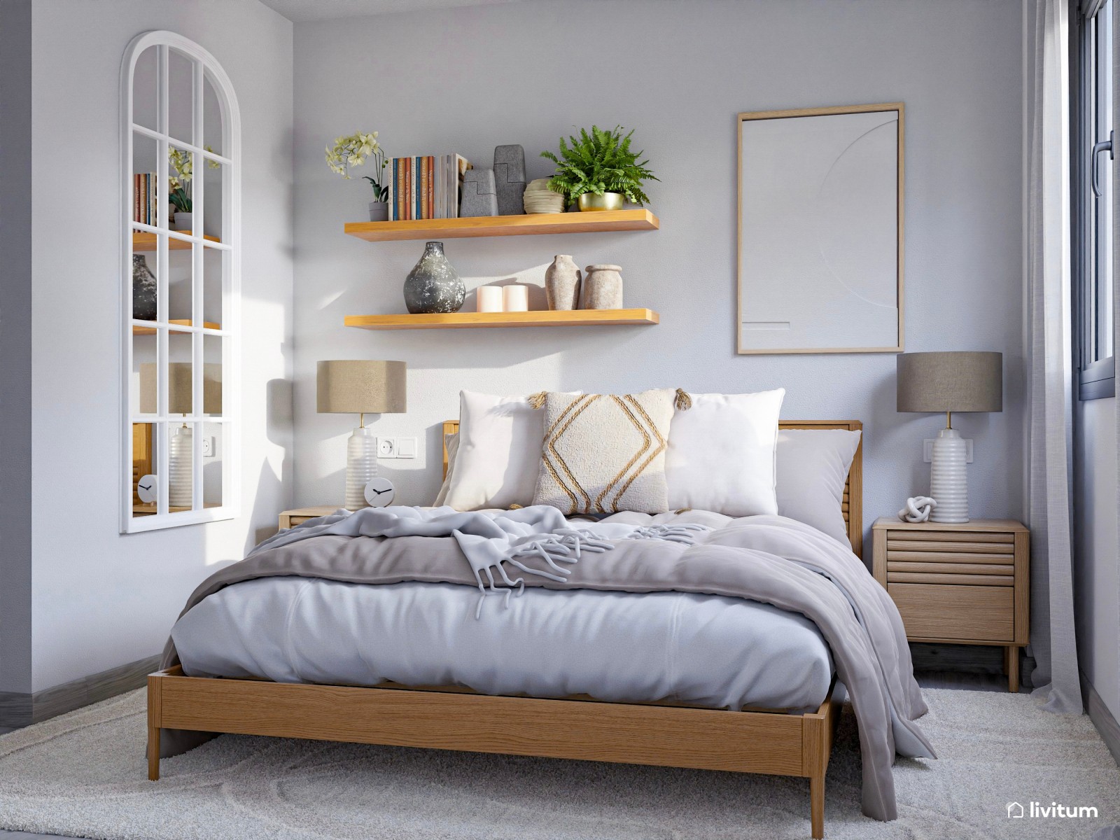 Pequeño y acogedor dormitorio en tonos grises con el espacio muy bien optimizado