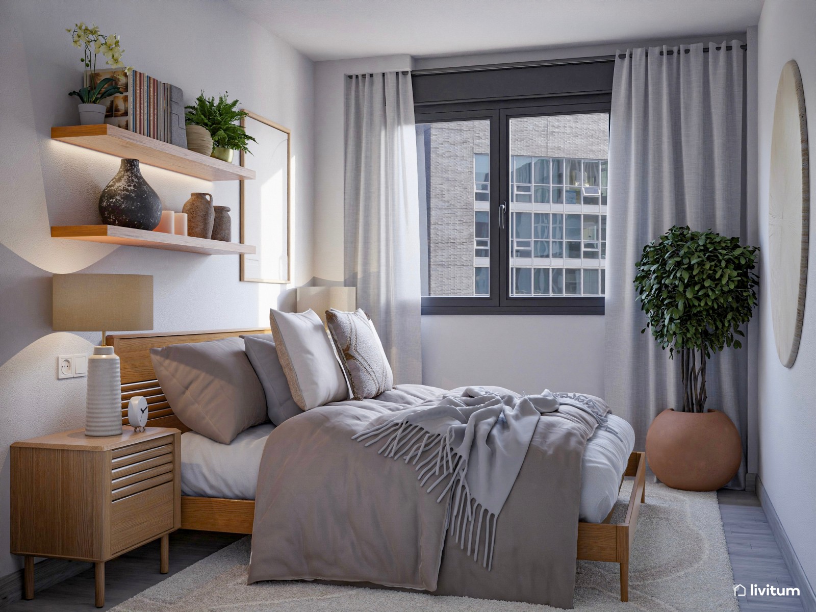 Pequeño y acogedor dormitorio en tonos grises con el espacio muy bien optimizado