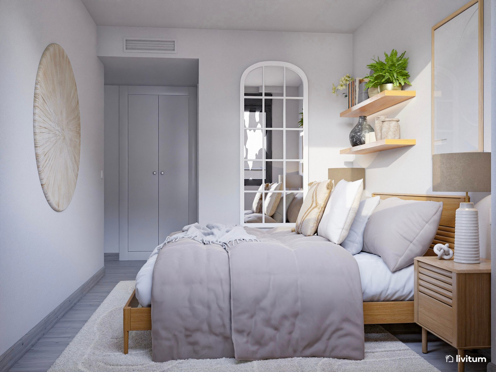 Pequeño y acogedor dormitorio en tonos grises con el espacio muy bien optimizado