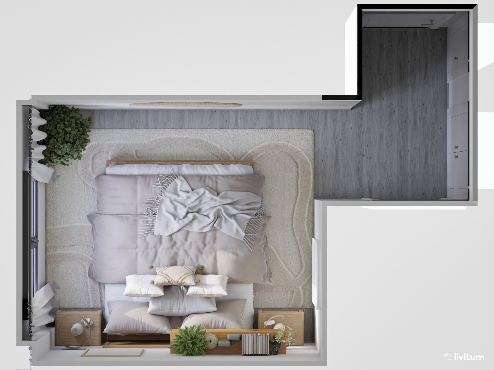 Pequeño y acogedor dormitorio en tonos grises con el espacio muy bien optimizado